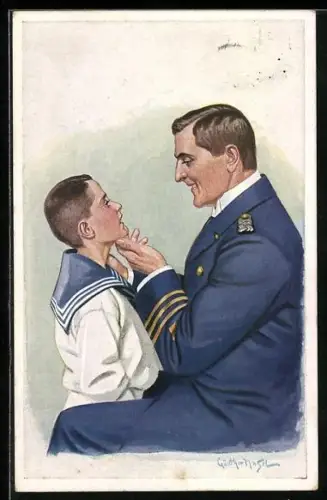 Künstler-AK Günther Nagel: Ganz der Papa (), Mann in Uniform schaut sich Knaben an