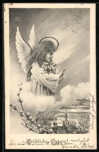 Künstler-AK Charles Scolik: Engel auf einer Wolke segnet einen Ort