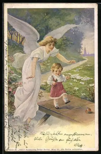 Künstler-AK R. Kratky: Schutzengel beschützt kleines Kind auf einem Steg