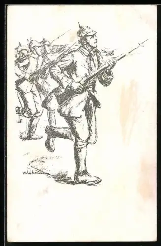 Künstler-AK Max Liebermann: Soldaten mit Pickelhaube und Gewehren