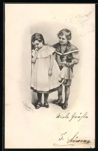 Künstler-AK E. Döcker: Junge tröstet ein Mädchen und bringt ihr eine Puppe