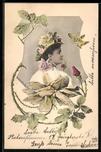 Künstler-AK Charles Scolik: Elegante Dame mit blumengeschmücktem Hut im Profil