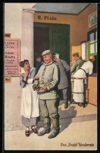 Künstler-AK Arthur Thiele unsign.: Soldatenhumor Das Drahthindernis Soldat mit klammer Kasse