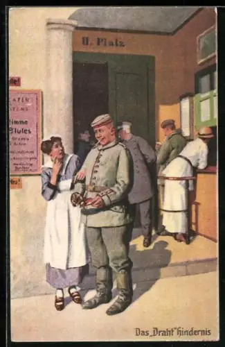 Künstler-AK Arthur Thiele unsign.: Soldatenhumor Das Drahthindernis Soldat mit klammer Kasse