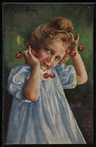 Künstler-AK Arno von Riesen: Kirschenliesl, Mädchen mit reifen Kirschen