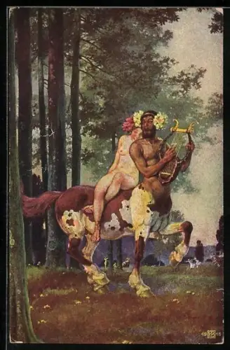 Künstler-AK R. Borrmeister: Unbekleidete Frau reitet auf dem Rücken eines Zentauren mit Harfe