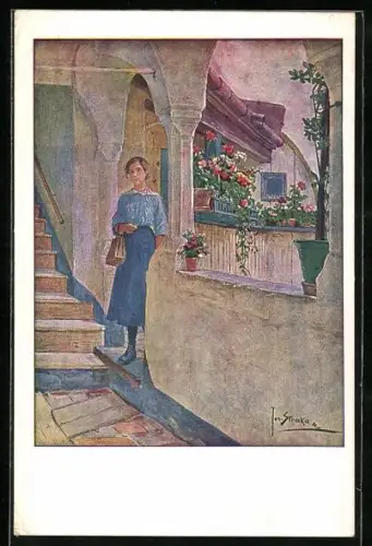 Künstler-AK Josef Straka: Vorstadtmädchen an der Treppe