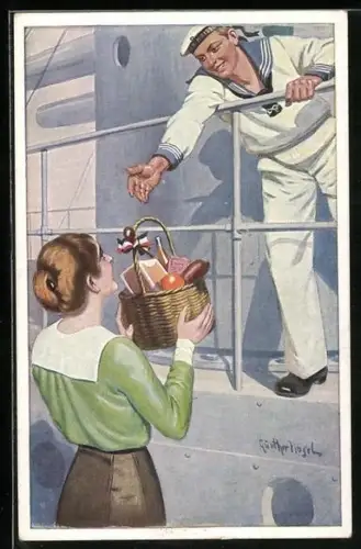 Künstler-AK Günther Nagel: Unsere Marineblauen, Frau mit Liebesgaben für Matrosen