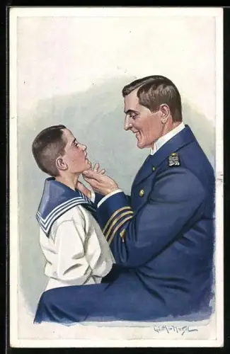 Künstler-AK Günther Nagel: Ganz der Papa (), Mann in Uniform schaut sich Knaben an