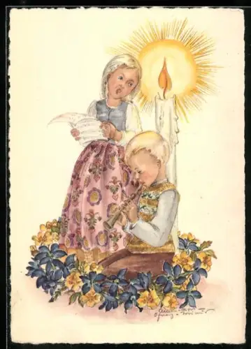 Künstler-AK Schwarz-Torino: Junge begleitet ein singendes Mädchen auf der Flöte