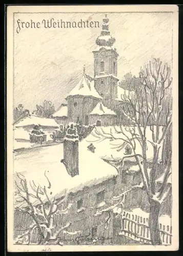 Künstler-AK Hans Götzinger: Schneebedeckter Ort mit Kirche