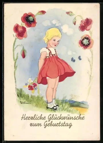 Künstler-AK Liesel Lauterborn: Blondes Mädchen auf einer Wiese, umgeben von Mohnblumen
