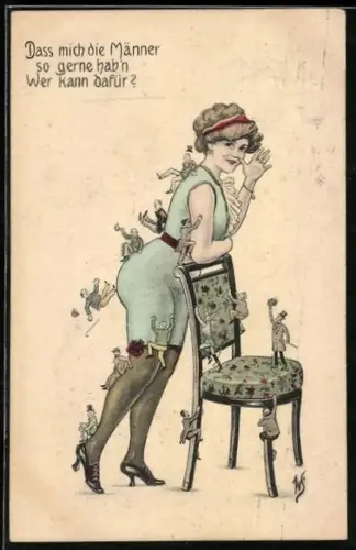 Künstler-AK Willi Scheuermann: Attraktive Dame lehnt an einem Stuhl, während kleine Männer auf ihr herumklettern