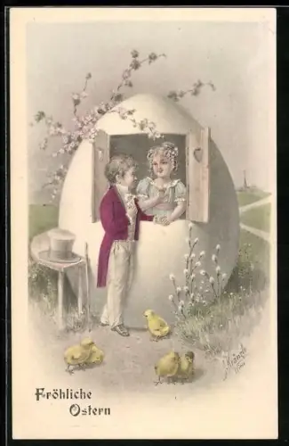 Künstler-AK Kränzle: Junge besucht ein Mädchen, das in einem Osterei wohnt, um sie herum Küken
