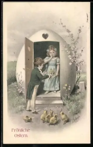 Künstler-AK Kränzle: Fröhliche Ostern, Junge mit seiner Freundin und einem Ostereierhaus, Osterküken