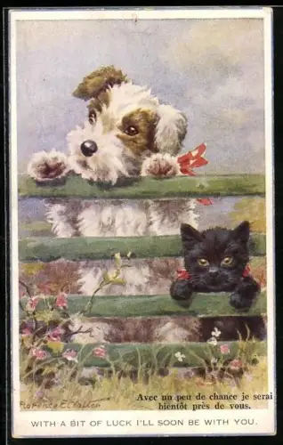Künstler-AK Florence E. Valter: Katze und Hund stehen an einem Zaun
