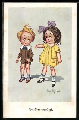 Künstler-AK Donald McGill: Kleines Mädchen hält Jungen eine Predigt