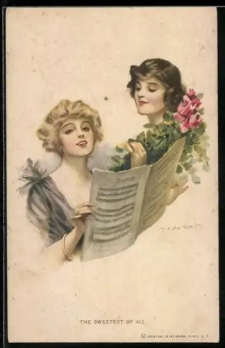 Künstler-AK Antonio Donadini: The sweetest of all Frauen mit Rosen und Notenblatt