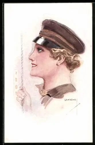 Künstler-AK Luis Usabal: Frau mit Uniformmütze im Profil