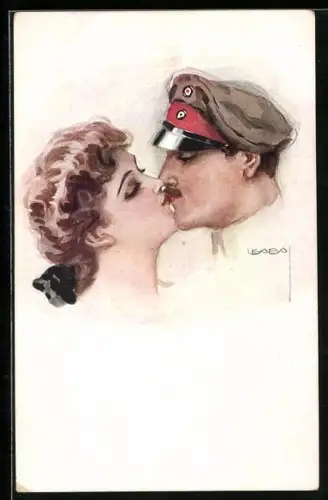 Künstler-AK Luis Usabal: Frau küsst einen Mann mit Uniformmütze