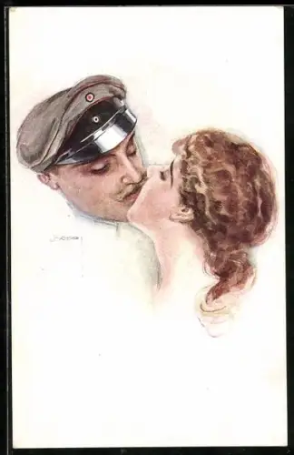 Künstler-AK Luis Usabal: Frau küsst einen Mann mit Uniformmütze