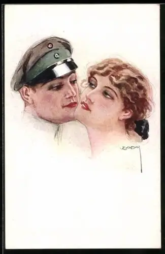 Künstler-AK Luis Usabal: Frau bandelt mit einem Mann mit Uniformmütze an