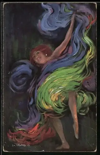 Künstler-AK Luis Usabal: Frau im bunten Rauch