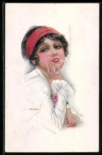 Künstler-AK Luis Usabal: Frau mit Stirnband raucht verführerisch eine Zigarette