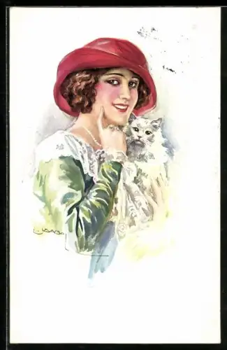 Künstler-AK Luis Usabal: Lächelnde Frau mit einer weissen Katze im Arm