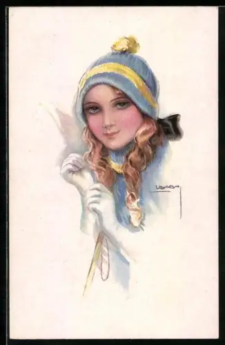Künstler-AK Luis Usabal: Junges Mädchen mit blauer Mütze