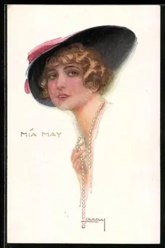 Künstler-AK Luis Usabal: Schauspielerin Mia May mit grossem Hut und Perlenkette