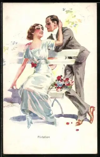 Künstler-AK Luis Usabal: Elegant gekleidetes Pärchen an einer Bank