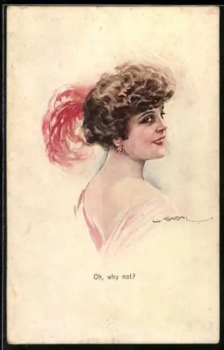 Künstler-AK Luis Usabal: Hübsche, dunkelhaarige Frau mit roten Federn in den Haaren