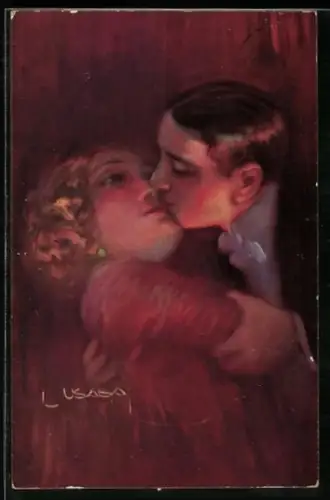 Künstler-AK Luis Usabal: Mann küsst seine Geliebte