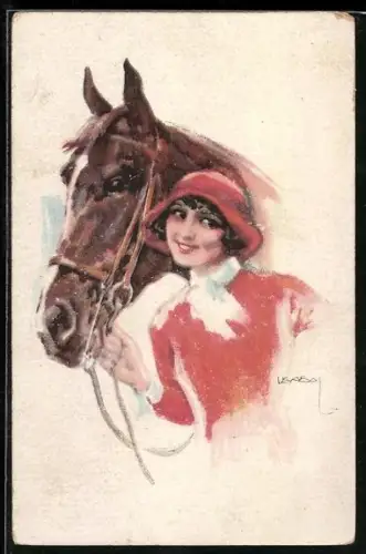 Künstler-AK Luis Usabal: glückliche Frau mit braunem Pferd
