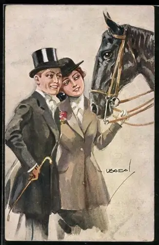 Künstler-AK Luis Usabal: Elegantes Pärchen mit einem Pferd