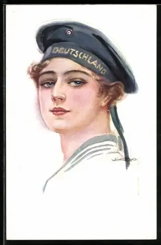 Künstler-AK Luis Usabal: Porträt einer Matrosin in Uniform mit Mützenband Deutschland