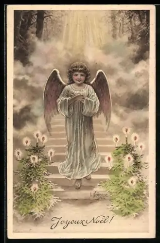 Künstler-AK Kränzle: Engel zwischen zwei Weihnachtsbäumen steigt vom Himmel herab