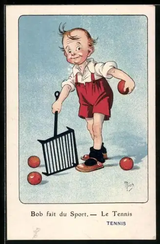 Künstler-AK Jean-Marie Michel Liebeaux: Kleiner Junge mit einem Tennisschläger und Äpfeln