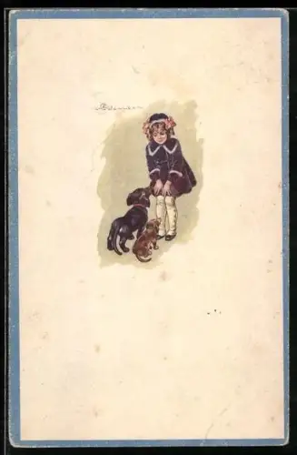 Künstler-AK E. Colombo: Junges Mädchen steht vor zwei Hunden