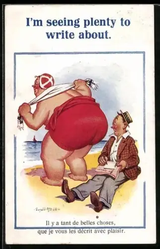 Künstler-AK Donald McGill: Sitzender Mann starrt gebannt auf das grosse Hinterteil einer anderen Person