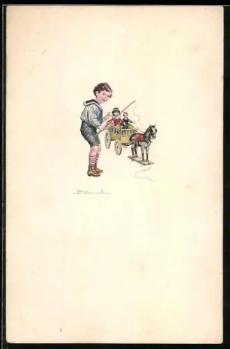 Künstler-AK E. Colombo: Junge steht mit einer Angel vor einer Spielzeugkutsche