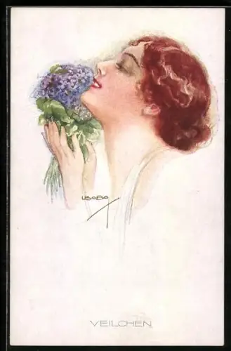 Künstler-AK Luis Usabal: Junge Frau geniesst Veilchenduft