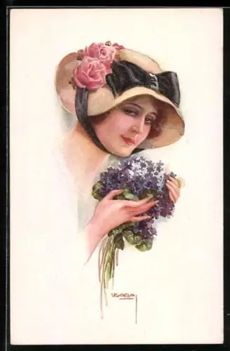Künstler-AK Luis Usabal: Elegante Dame mit einem Strauss Stiefmütterchen