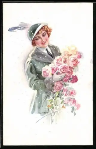 Künstler-AK Luis Usabal: Hübsche Dame mit einem Strauss Rosen