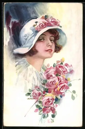 Künstler-AK Luis Usabal: Lächelnde Dame mit einem Strauss Rosen