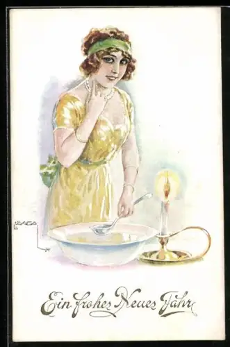 Künstler-AK Luis Usabal: Attraktive Frau in gelbem Kleid bei einer Schüssel