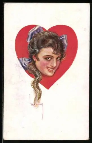 Künstler-AK Luis Usabal: Lächelnde Dame mit Schleifen im Haar