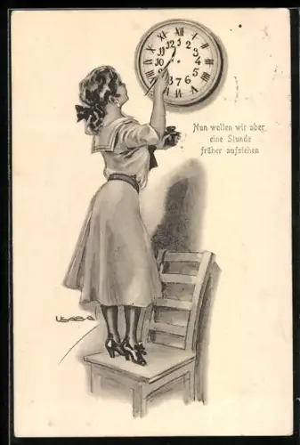 Künstler-AK Luis Usabal: Hübsche Dame bemalt eine Uhr mit einem Pinsel