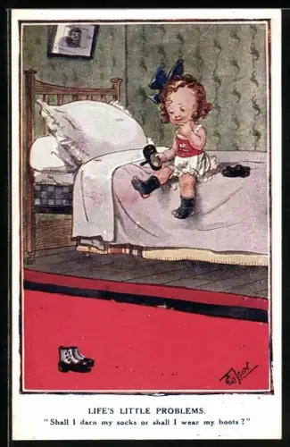 Künstler-AK T. Gilson: Mädchen sitzt auf einem Bett und zieht sich ihre Schuhe an